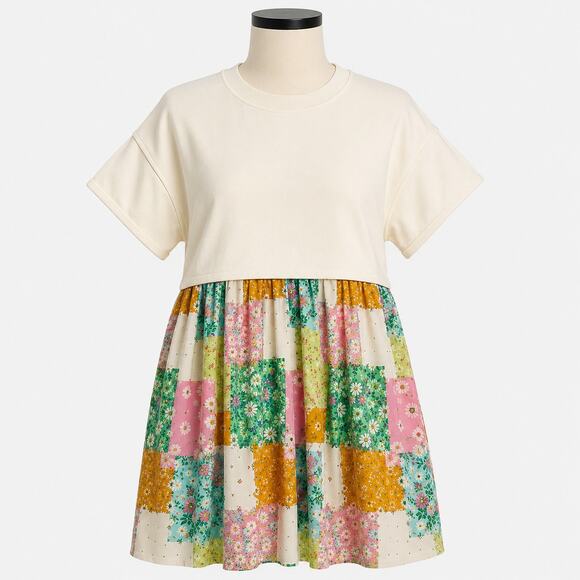 In February Dresses & Skirts - In February Cream Patchwork Floral Mixed Media Mini Dress Women's Small